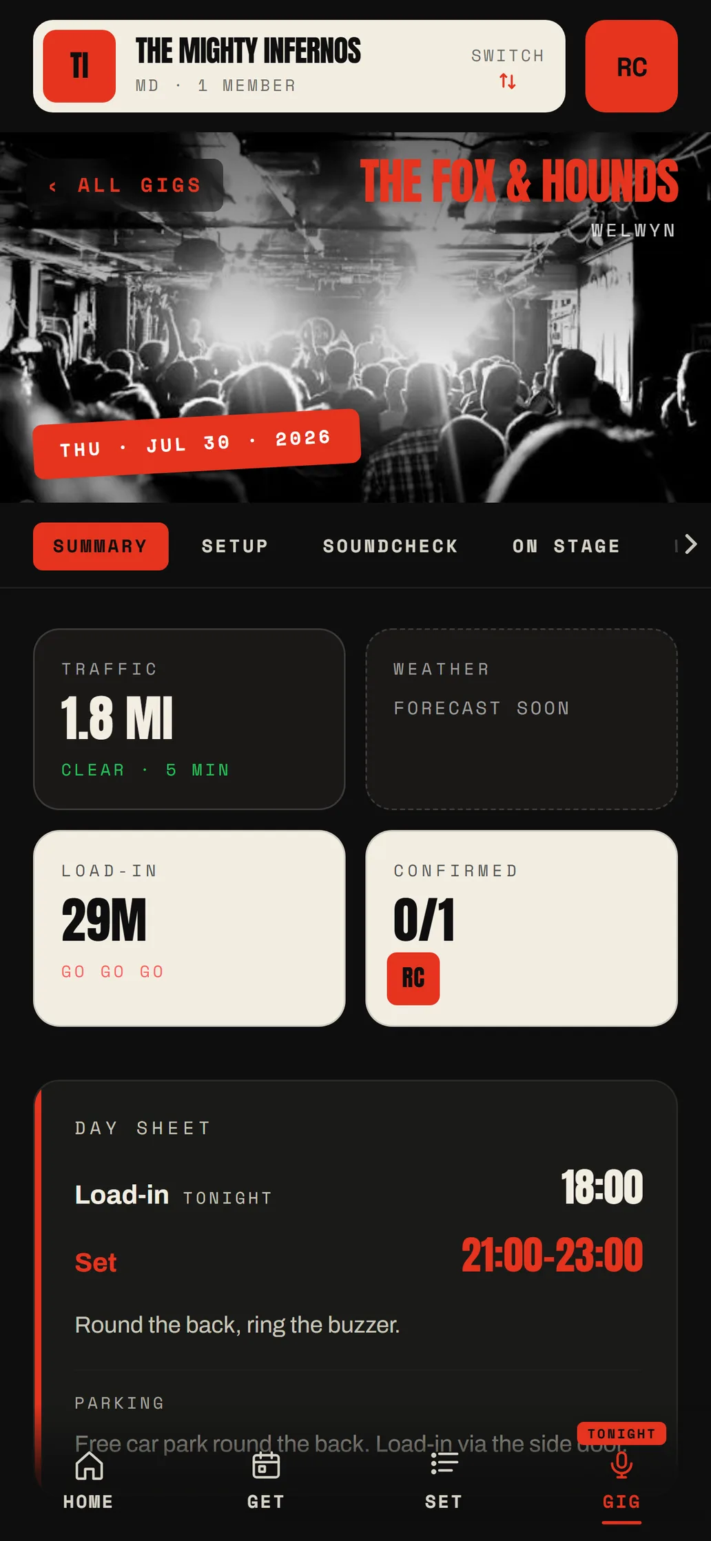 Gig day, showing venue photo, travel time, load-in countdown and the day sheet with set times
