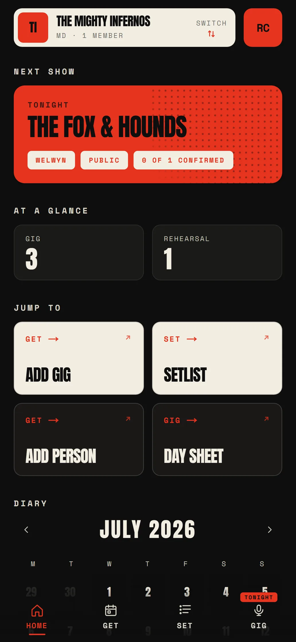 Get Set Gig home screen showing tonight's gig at The Fox & Hounds, the week at a glance, and shortcuts into GET, SET and GIG
