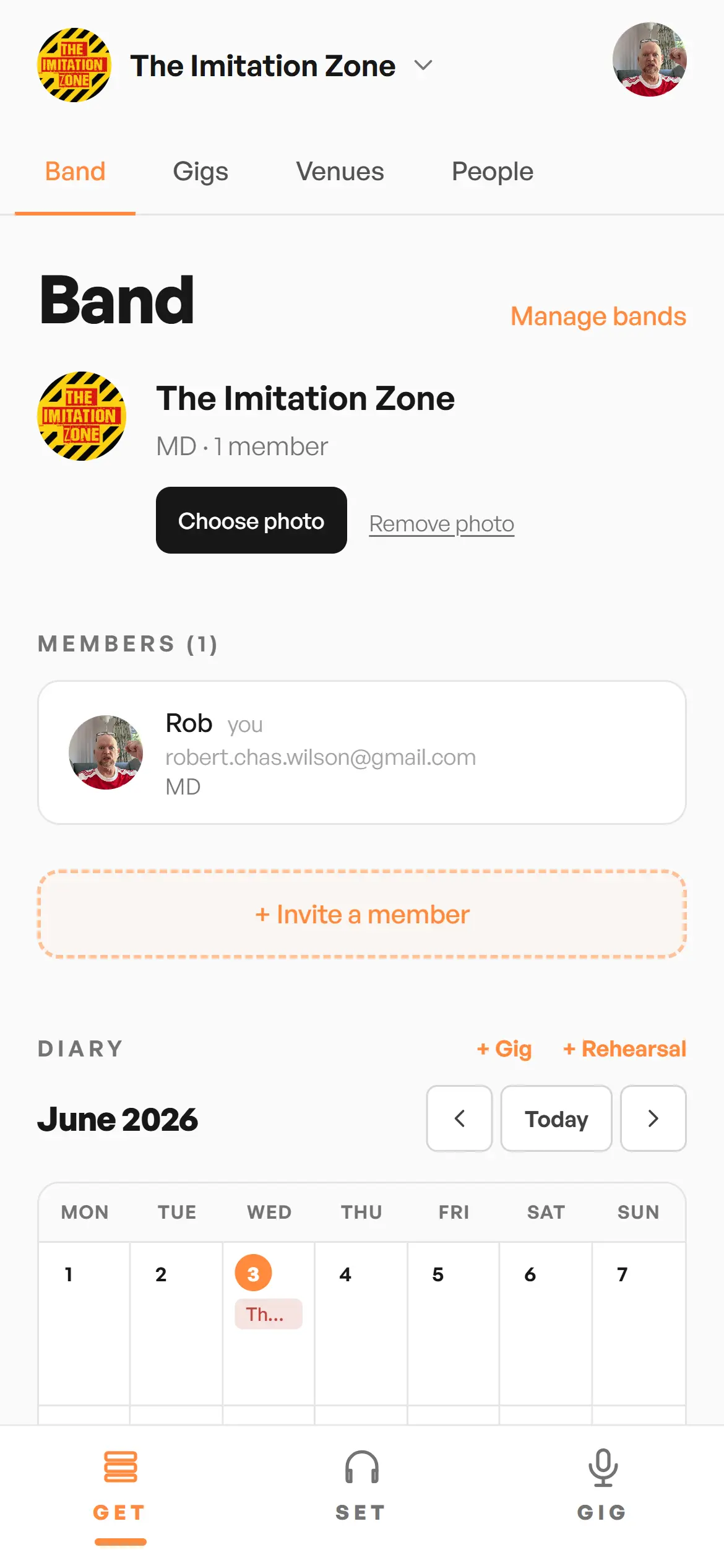 Band dashboard with members, diary calendar, brand assets