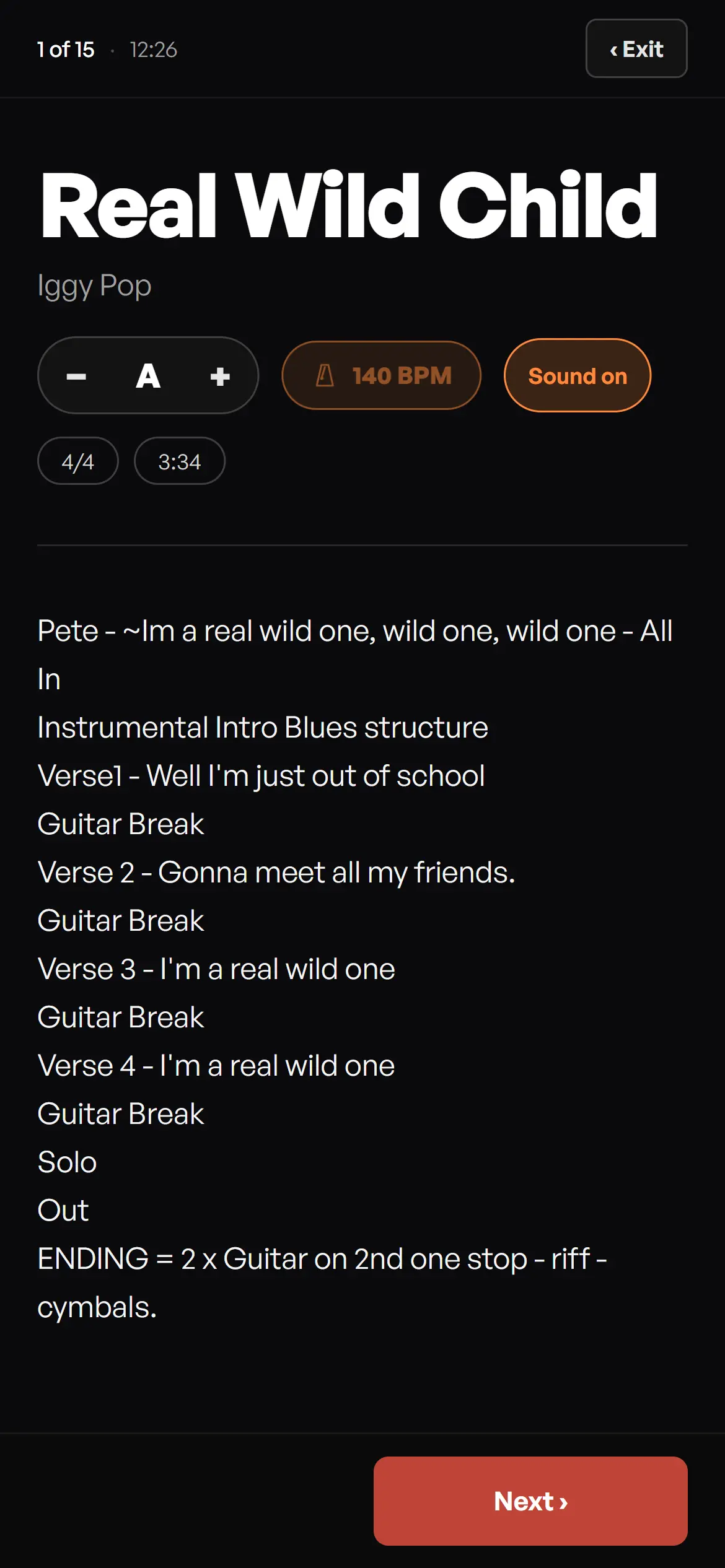 On Stage view — song title, transpose pill, BPM metronome, lyrics